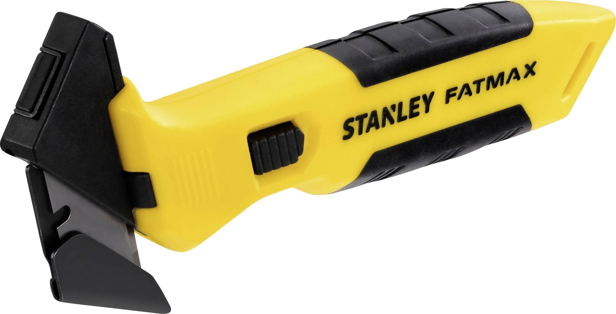 Gele en zwarte ontbramingsgereedschapsgreep met de tekst 'Stanley Fatmax', voorzien van een zwarte mes.