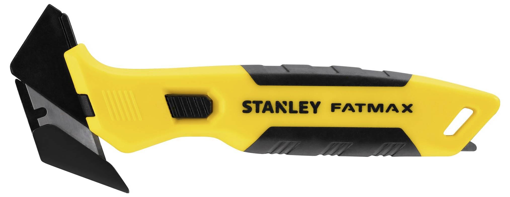 Gele en zwarte Stanley FatMax-schraper met ergonomische handgreep, plat lemmet en handig gat om op te hangen.