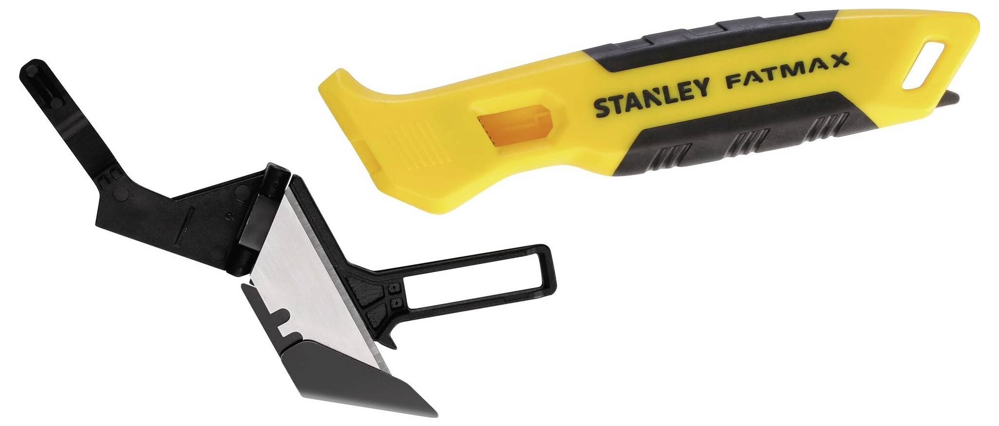 Geel en zwart Stanley Fatmax-gereedschap voor vloerbedekking met een mes en beschermkap, zijdelings gepositioneerd.