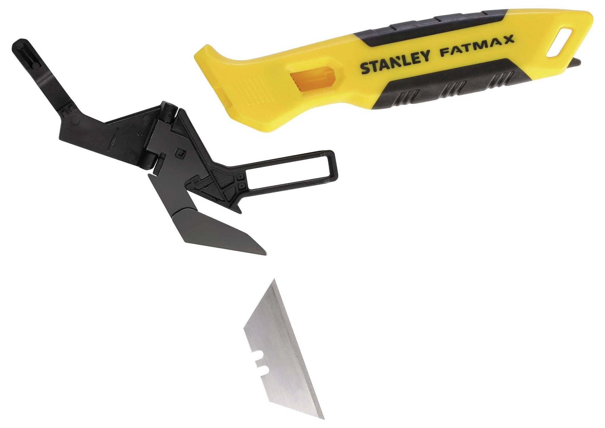 Geel en zwart multifunctioneel mes 'STANLEY FATMAX' met verwisselbare metalen lemmet-opzetstuk, geschikt voor snijden en schrapen.