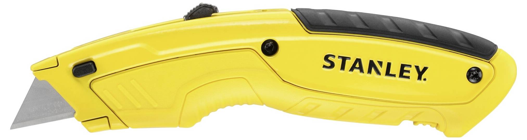Geel Stanley universeel mes met zwarte handgreep en intrekbaar lemmet.