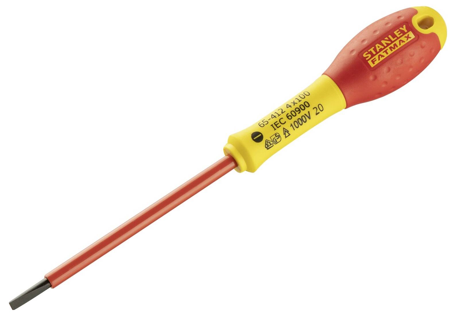 Een geïsoleerde schroevendraaier met rode handgreep van Stanley, geschikt voor elektriciteitswerken tot 1000 volt.