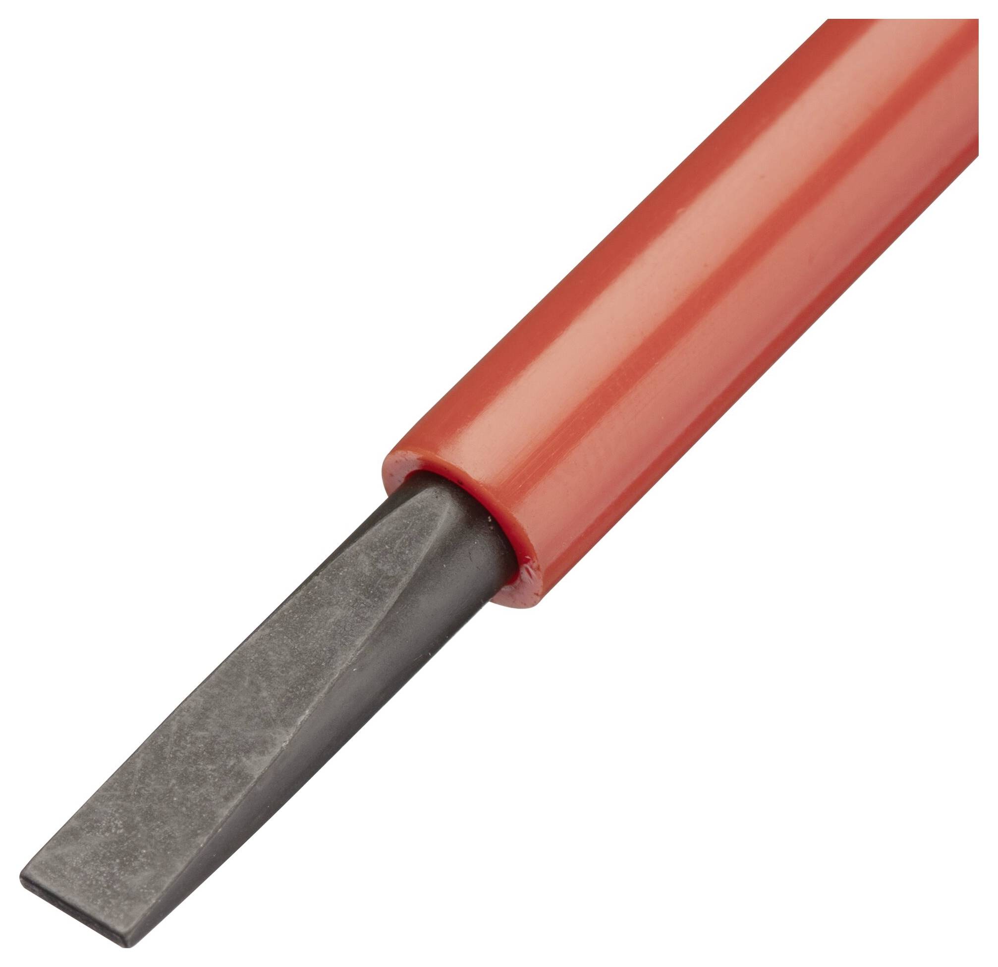 Een beitel met een rode handgreep en een platte, metalen snijkant. Voornamelijk gebruikt voor ambachts- of bouwwerkzaamheden.