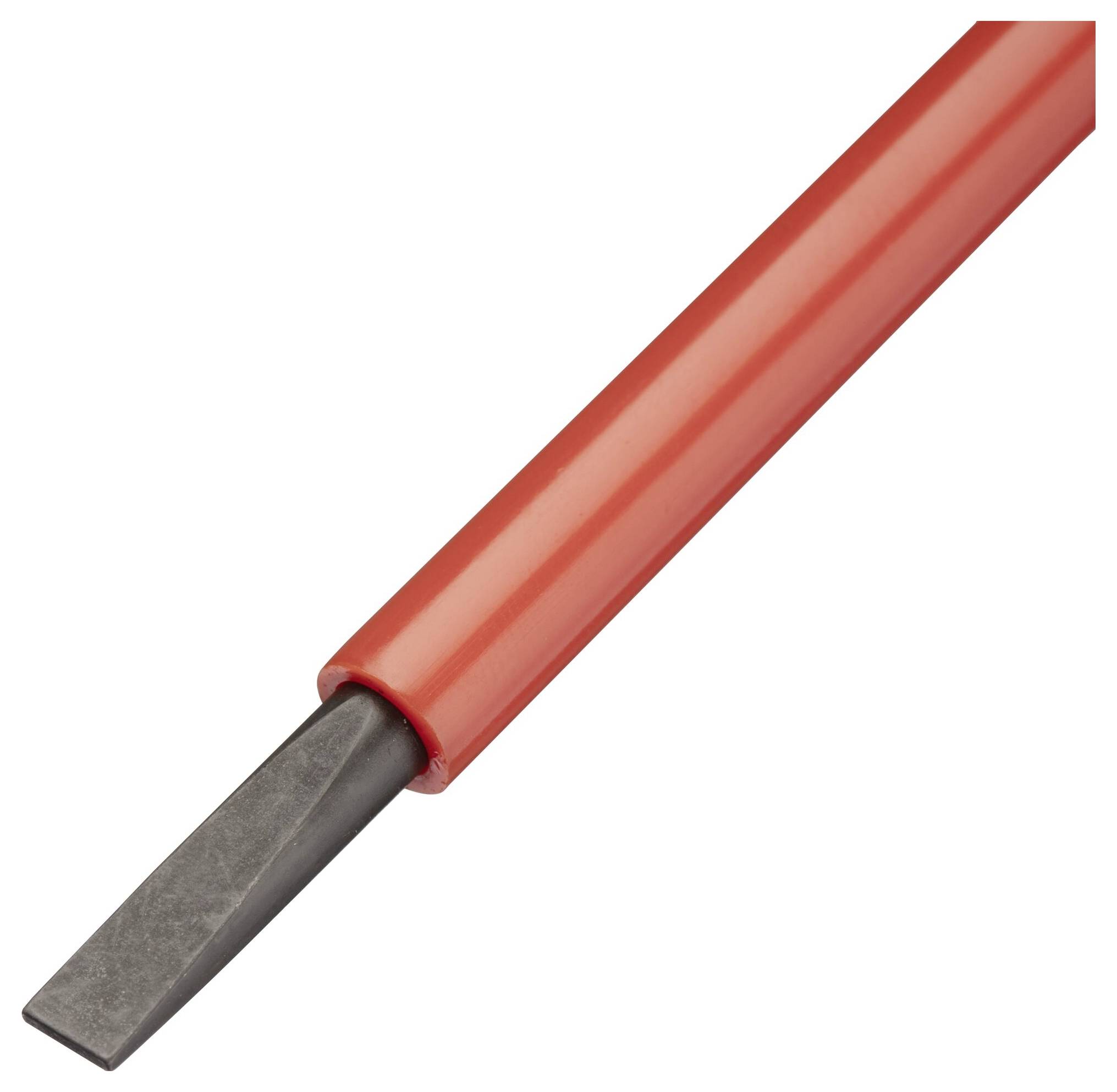 Rood gereedschap met een lange steel en een zwarte platte punt, vermoedelijk een beitel. Gebruikt voor het bewerken van materialen.