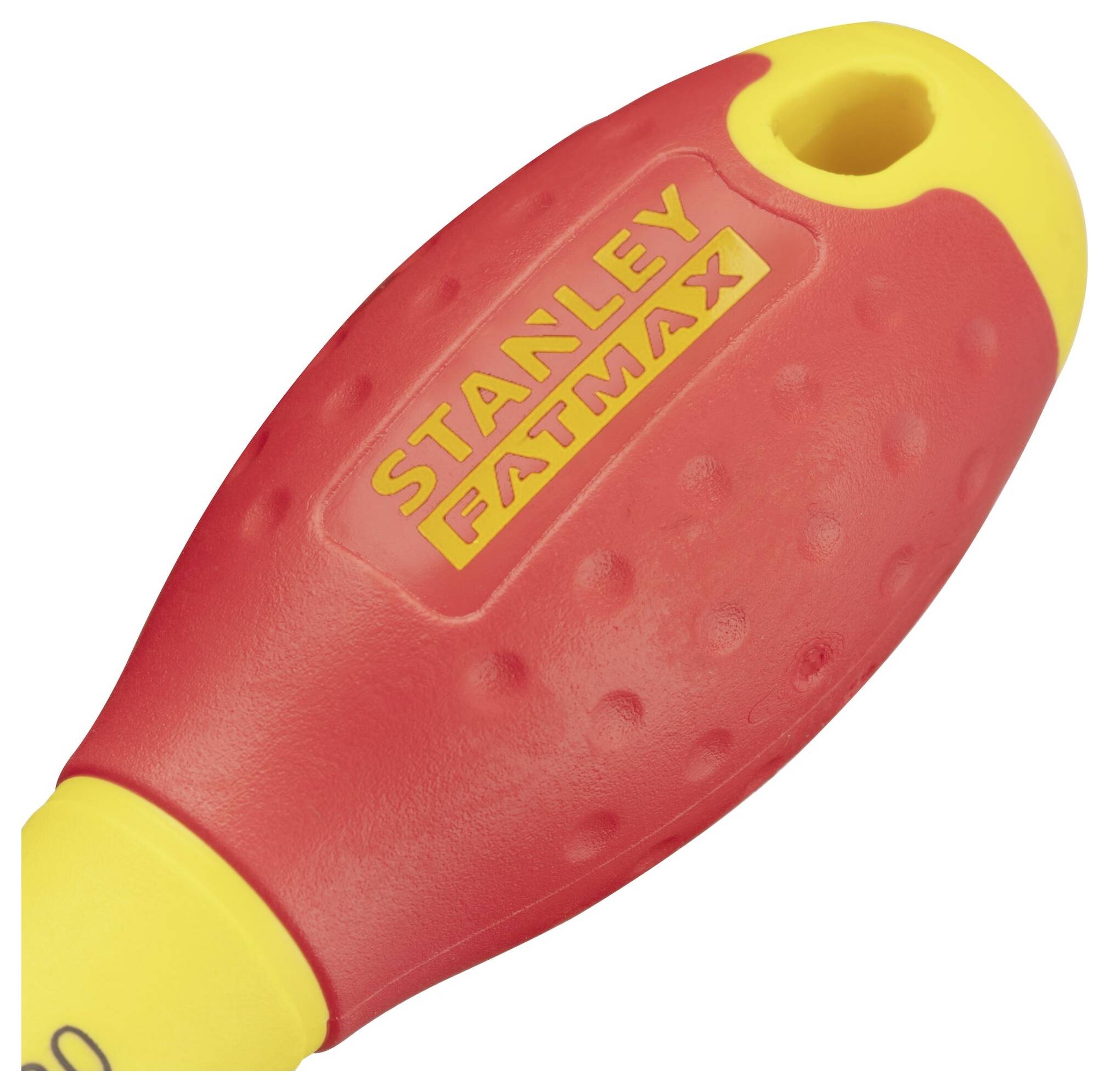 Een rode en gele schroevendraaiergreep met het opschrift 'Stanley Fatmax'. Het ontwerp is ergonomisch voor een betere grip.