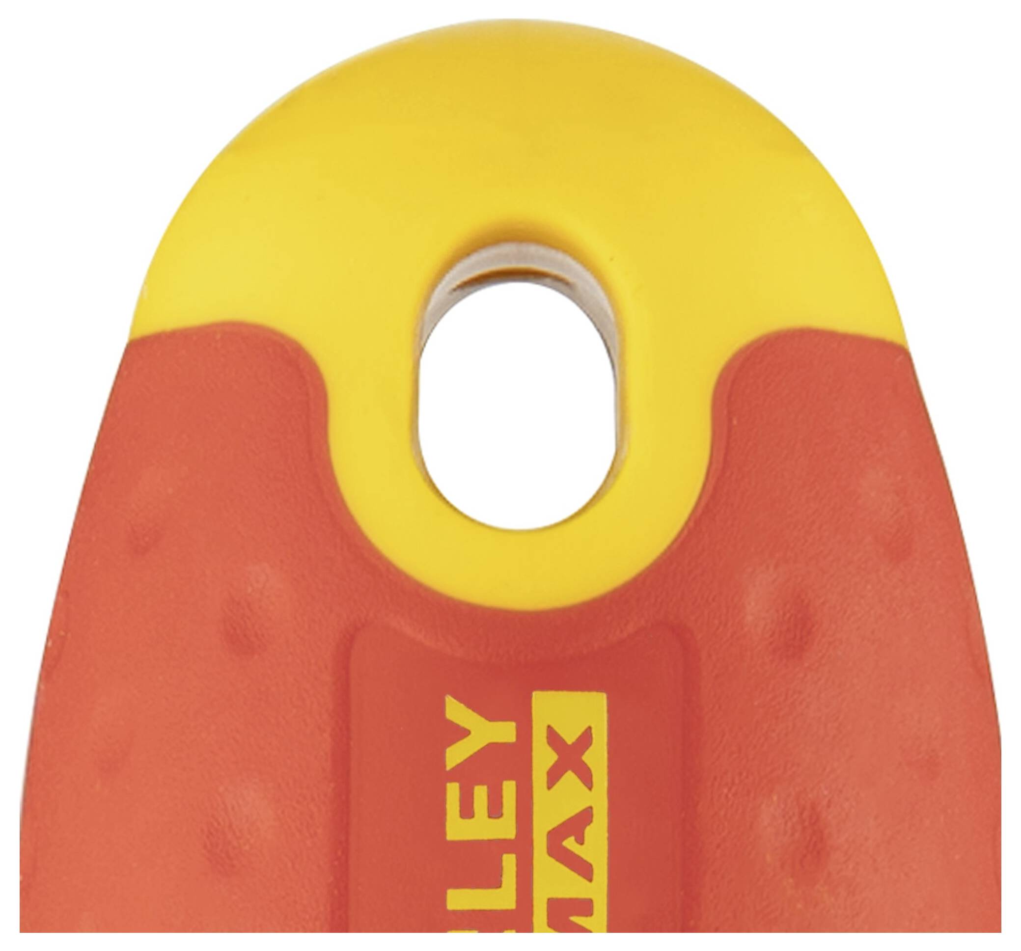 Een geel-rode handgreep van een gereedschap met een gat bovenaan. Het opschrift 'STANLEY MAX' is zichtbaar in het midden.