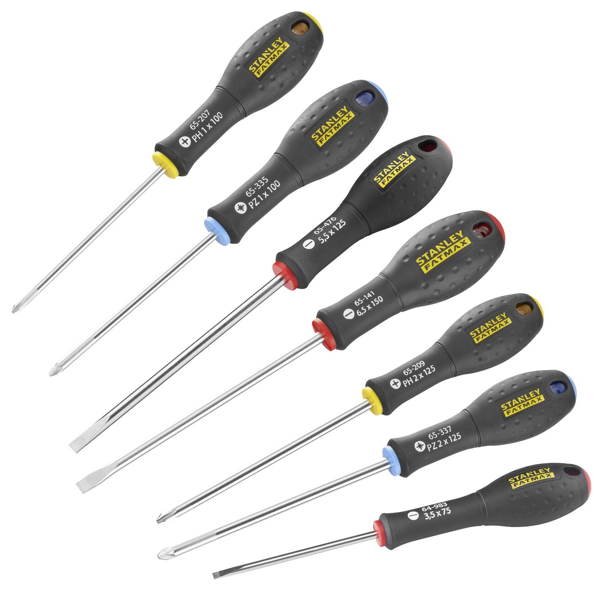 Zes schroevendraaiers met zwarte handgrepen en gekleurde uiteinden op een rij. Verschillende formaten voor verschillende schroeftypen.