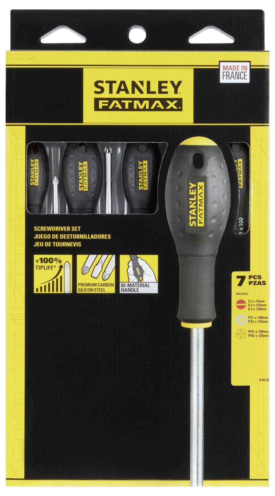 'Stanley Fatmax schroevendraaierset, 7-delig, vervaardigd in Frankrijk. Bevat verschillende schroevendraaierformaten en -vormen.'