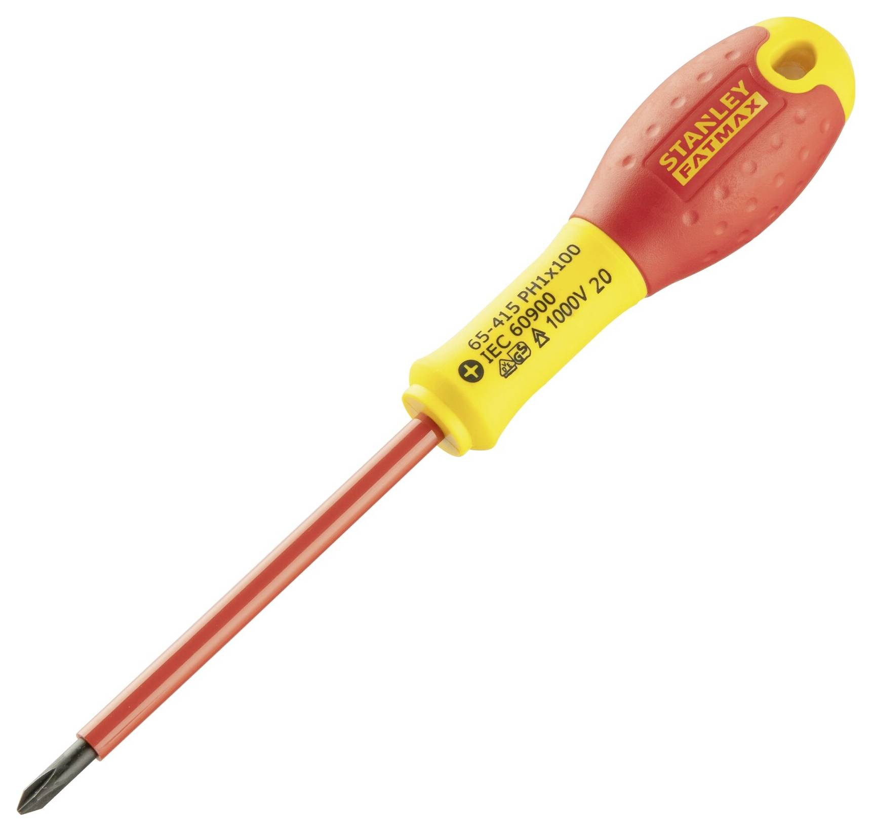 Een geïsoleerde kruiskop-schroevendraaier in rood en geel met het opschrift 'Stanley FatMax', geschikt voor tot 1000V.