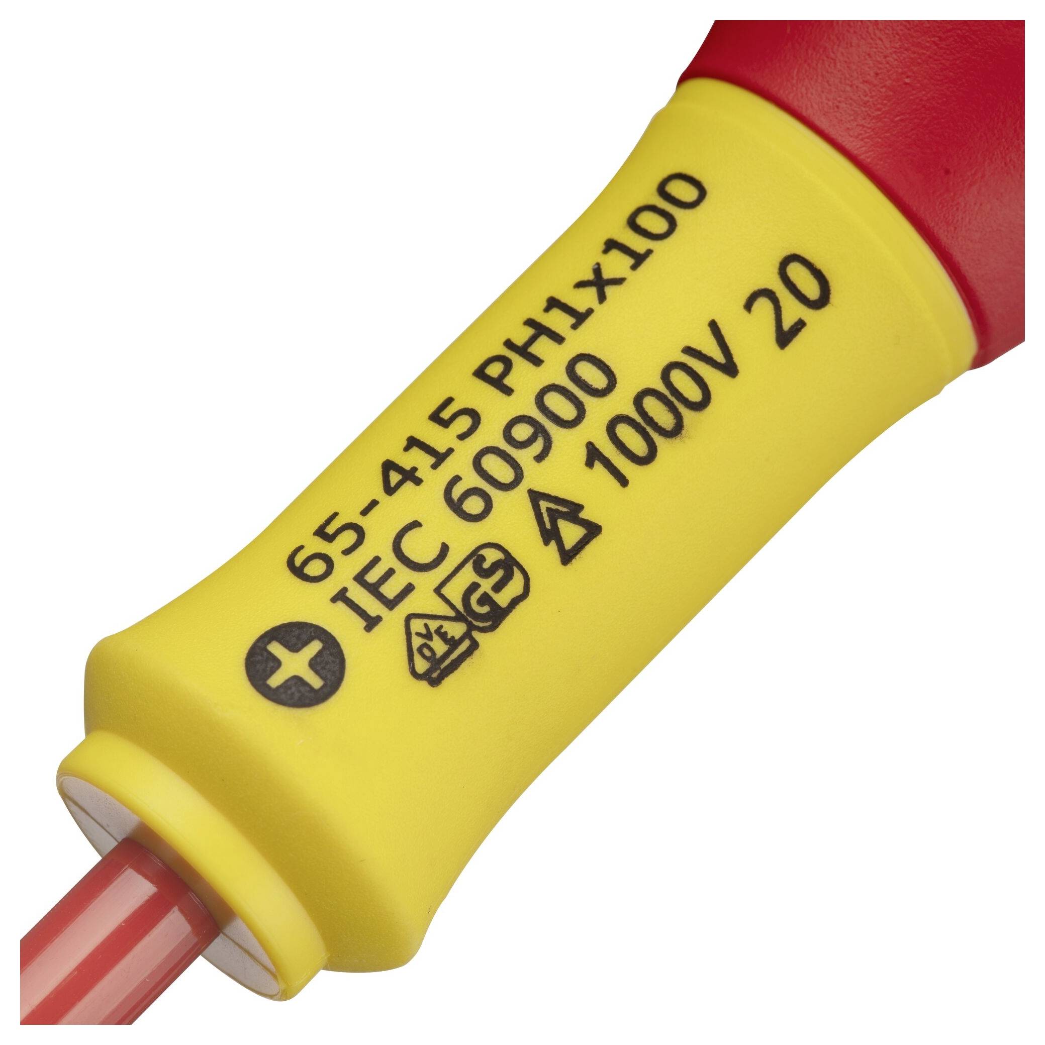 Gele schroevendraaiergreep met opschrift 'IEC 60900' en spanningsaanduiding tot 1000 V, geschikt voor werkzaamheden aan stroomvoerende onderdelen.