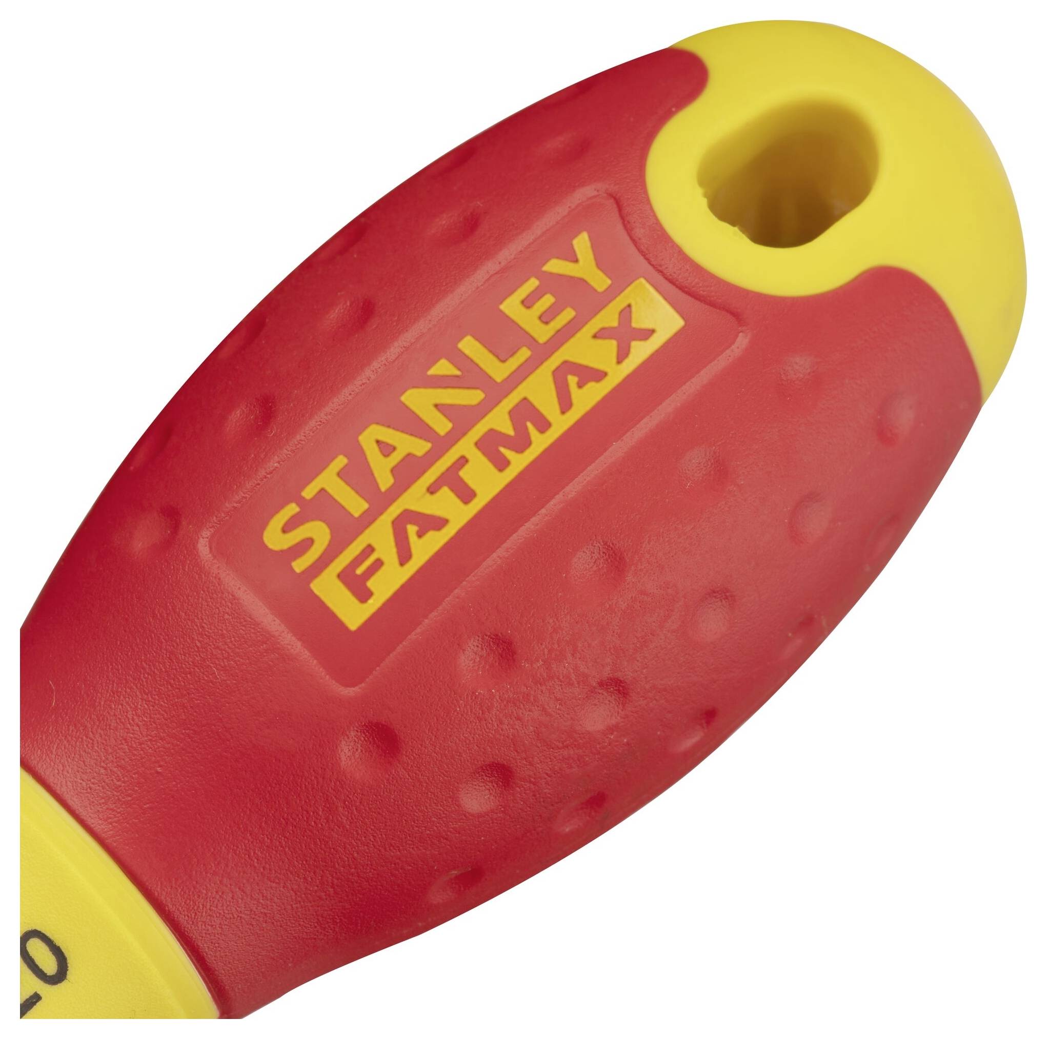 'Stanley Fatmax' schroevendraaierhandgreep, rood en geel, ergonomisch gevormd met een gewelfde structuur voor een verbeterde grip.