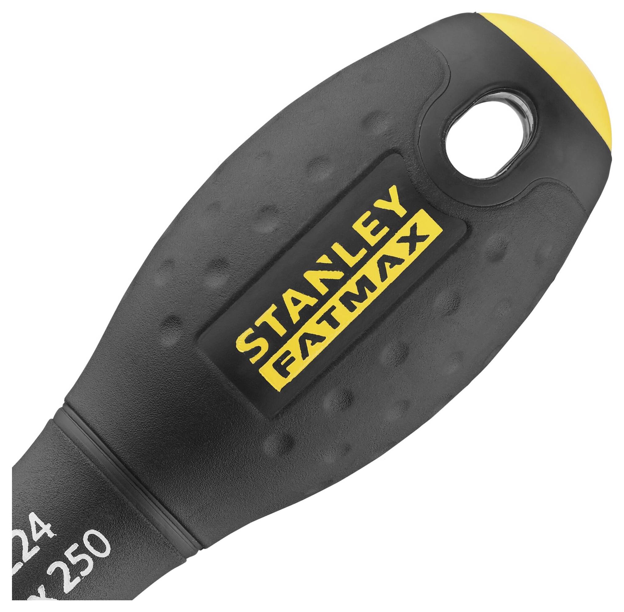 Een schroevendraaierhandgreep met 'Stanley Fatmax'-logo, zwart met gele dop, gestructureerd voor een betere grip.