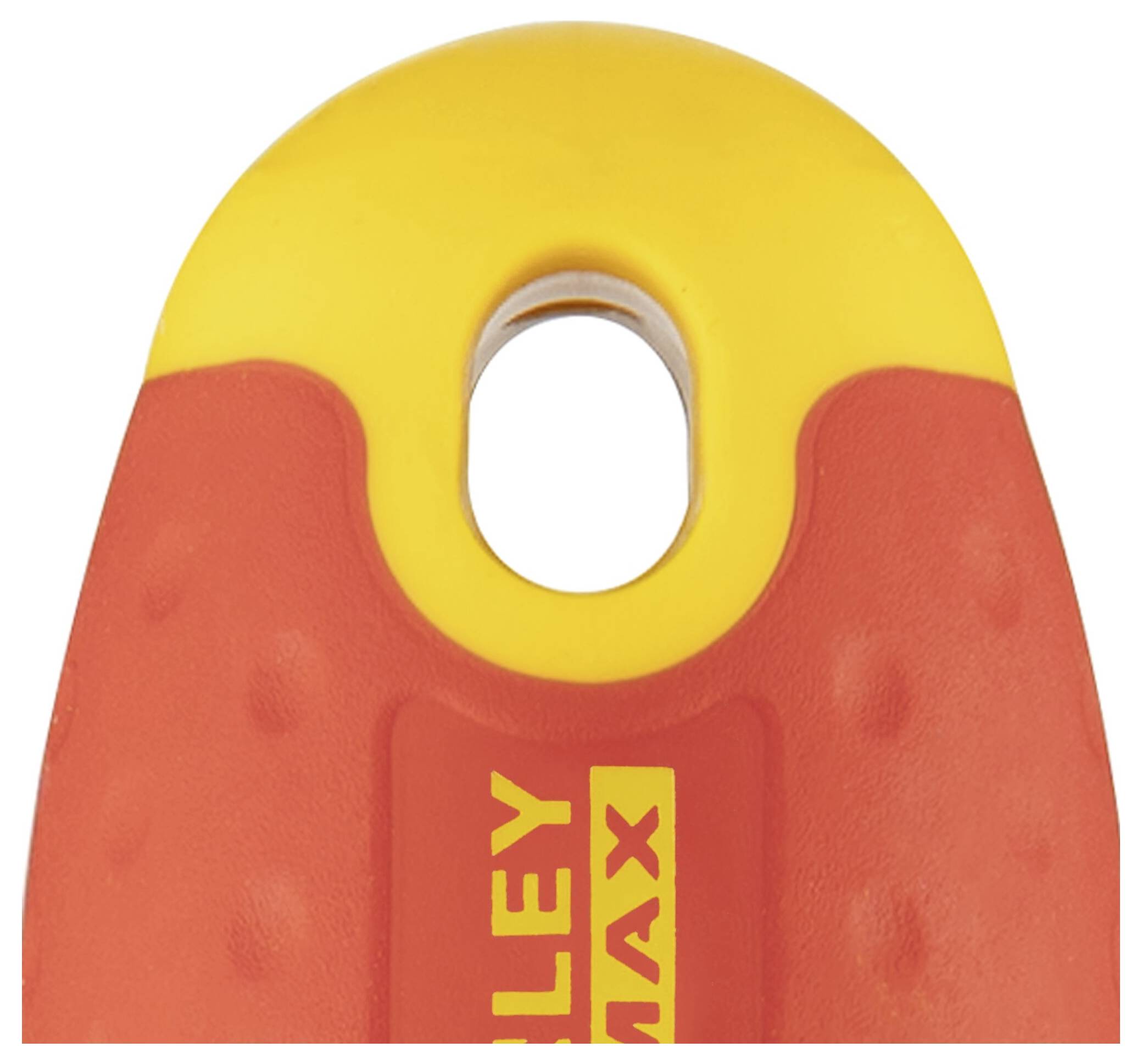 Een rood en geel handvat-detail van een gereedschap. Bovenaan bevindt zich een gat. Opschrift: 'MAX'. Merknaam is gedeeltelijk zichtbaar.