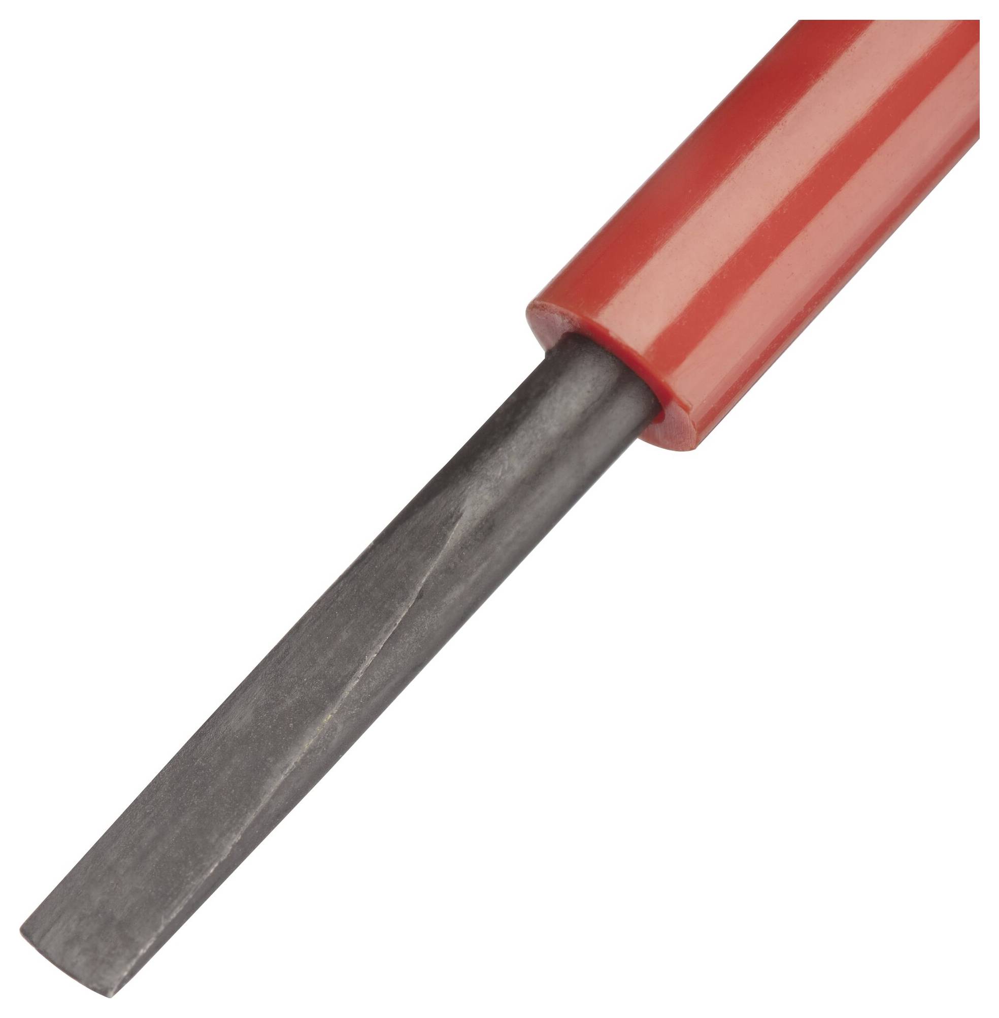 Een zwarte platte schroevendraaier met een rode handgreep, geschikt voor precisiewerkzaamheden.