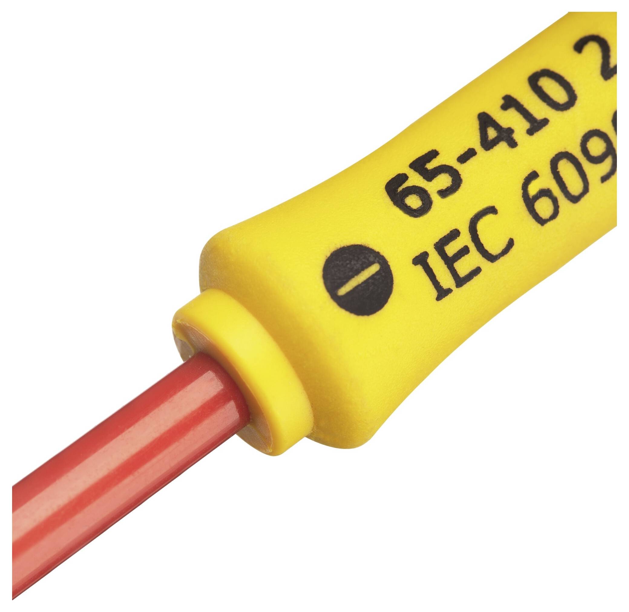 Een geel elektrisch kabel met opschrift 'IEC 609'. Het heeft een rode binnenader en is voorzien van een gele mantel.