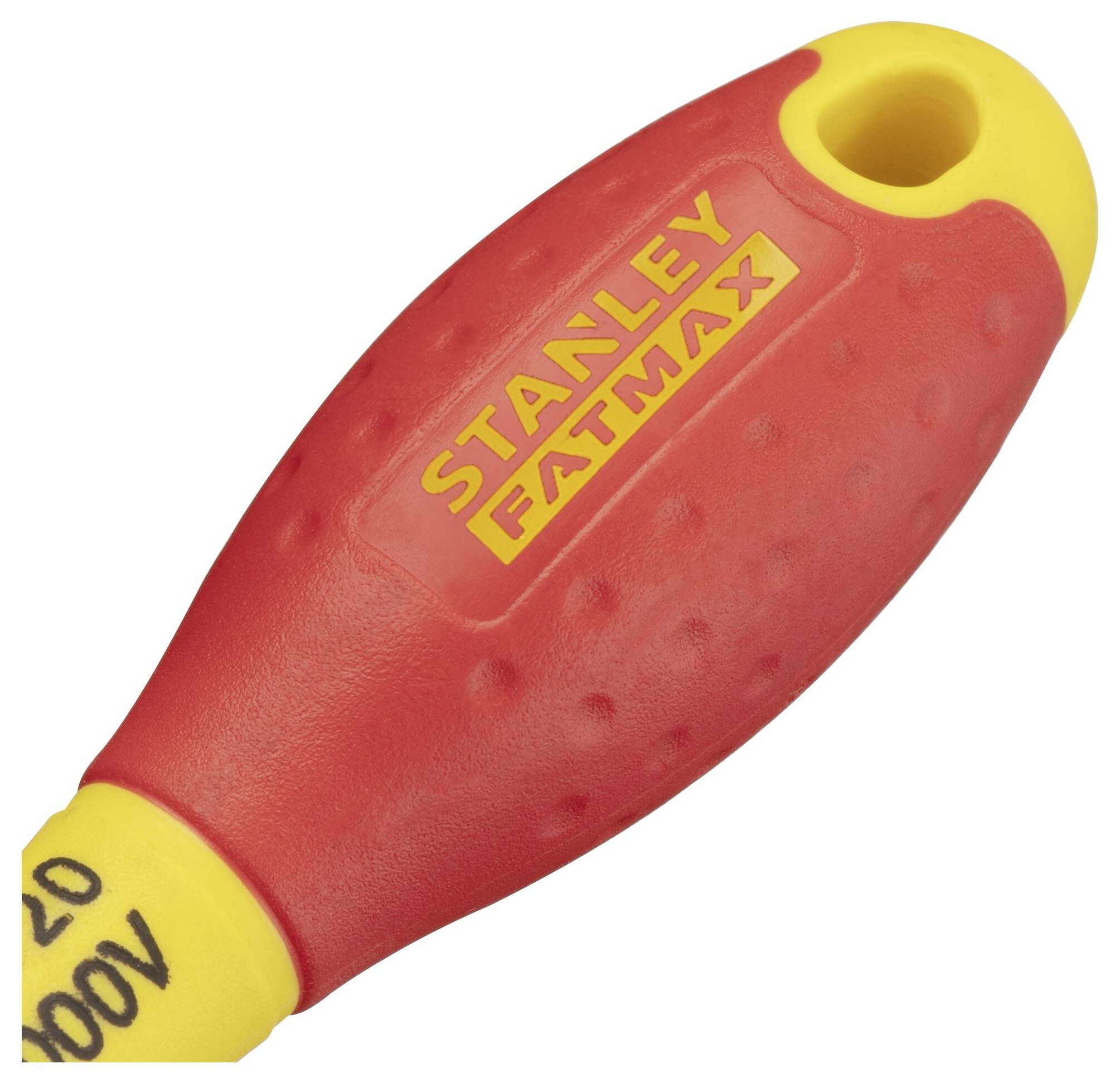 'Handgreep van een Stanley Fatmax schroevendraaier in rood en geel met opschrift, ergonomisch ontworpen.'