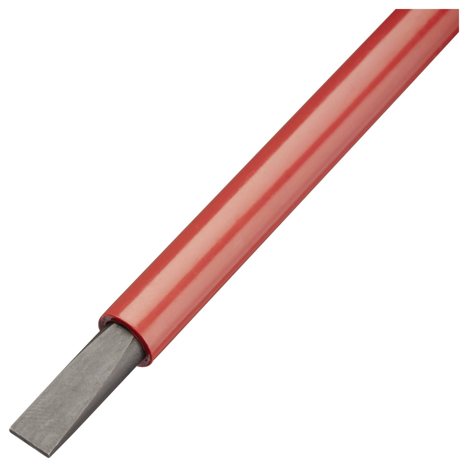 Een rode potlood met rechthoekige mijnlengte ligt diagonaal.