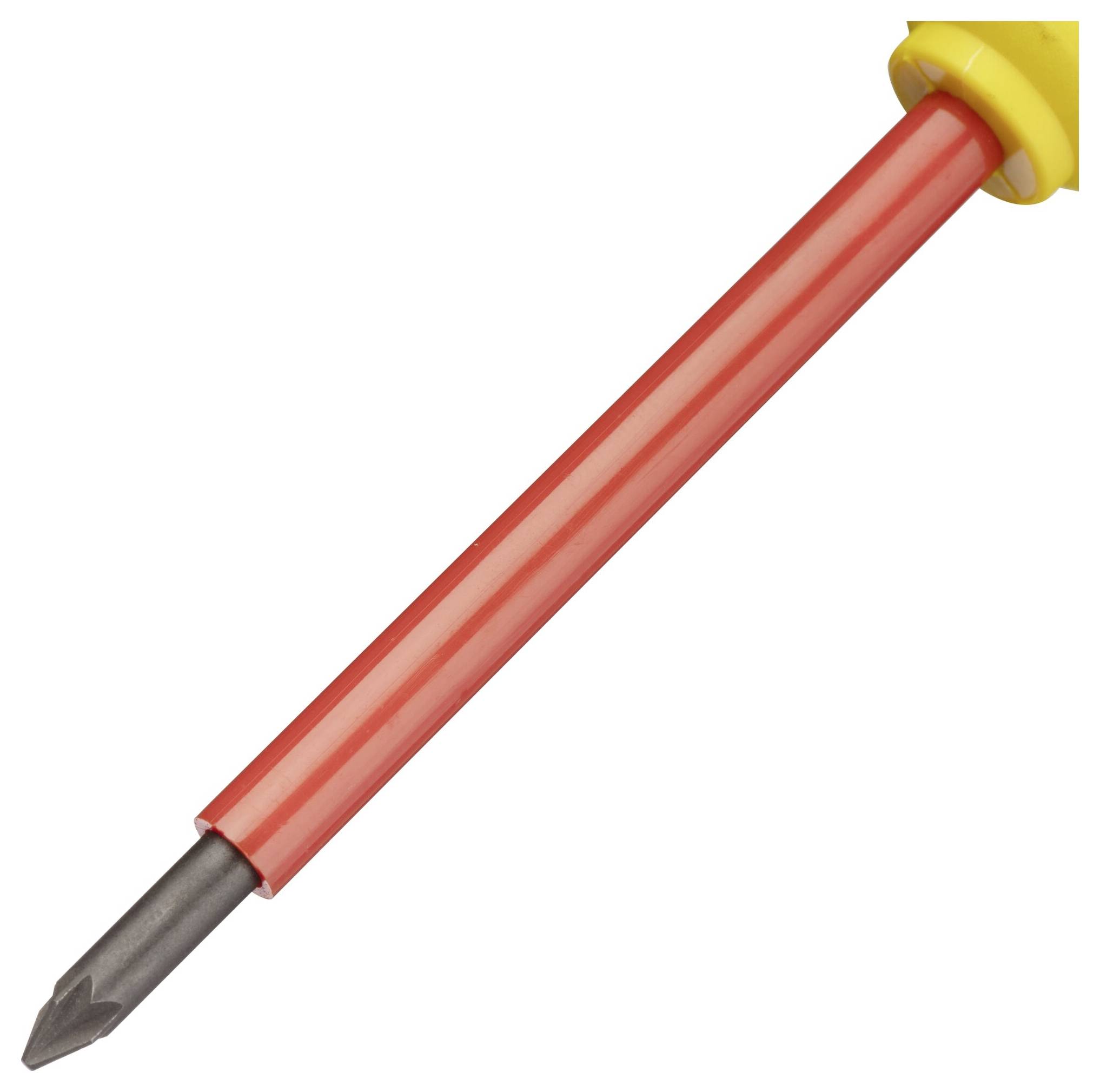 Een geïsoleerde schroevendraaier met een gele handgreep en een rode steel.
