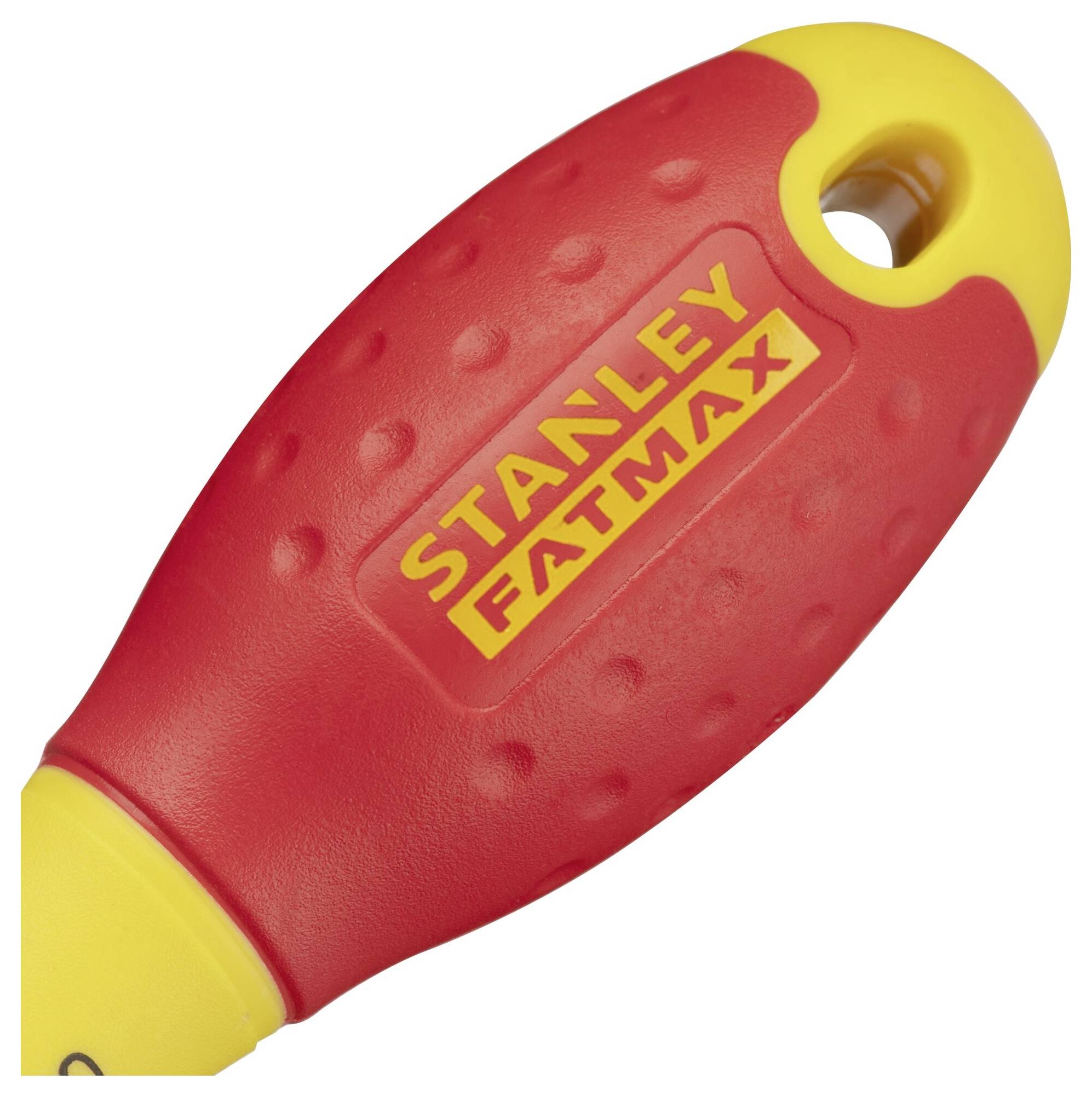 'Stanley Fatmax' schroevendraaierhandgreep, rood-geel, ergonomisch gevormd met antislipoppervlak en merknaam in geel op een rode achtergrond.