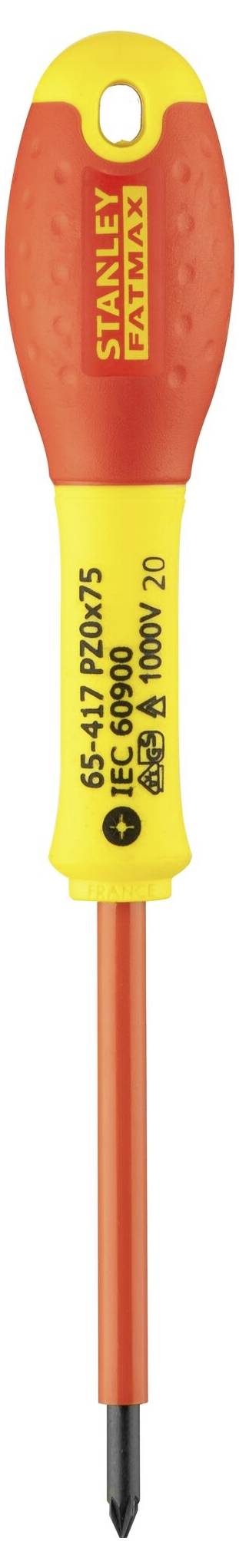 Een schroevendraaier met rode handgreep en gele kop, gemerkt met 'Stanley Fatmax'. Geschikt voor werkzaamheden aan stroomkringen tot 1000V.