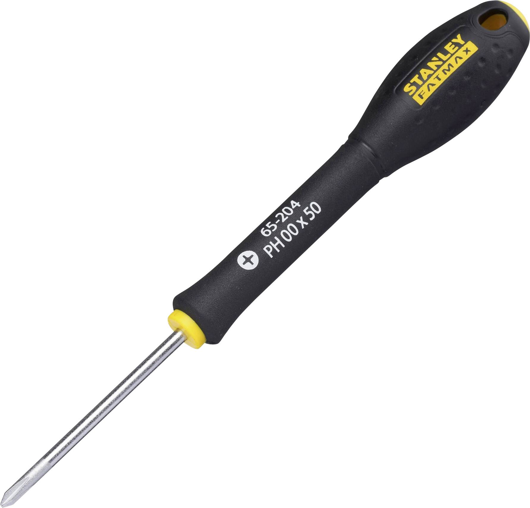 Kruiskopschroevendraaier met zwarte handgreep en geel accent. Markeringen: 'Stanley Fatmax', 'PH0 x 50'.