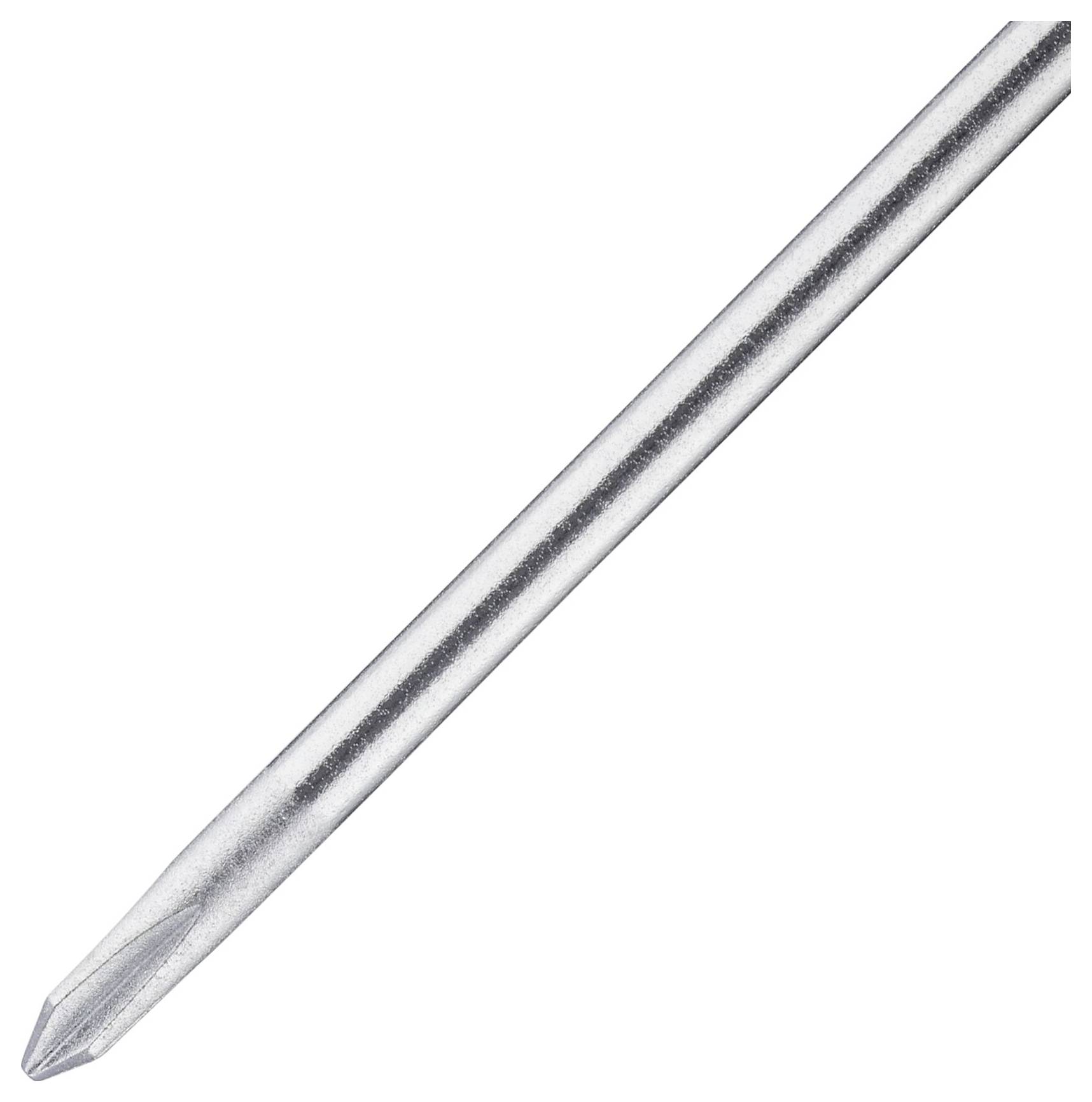 Een zilvergrijze kruiskop schroevendraaierbit, diagonaal uitgelijnd, toont de punt en een deel van de steel.