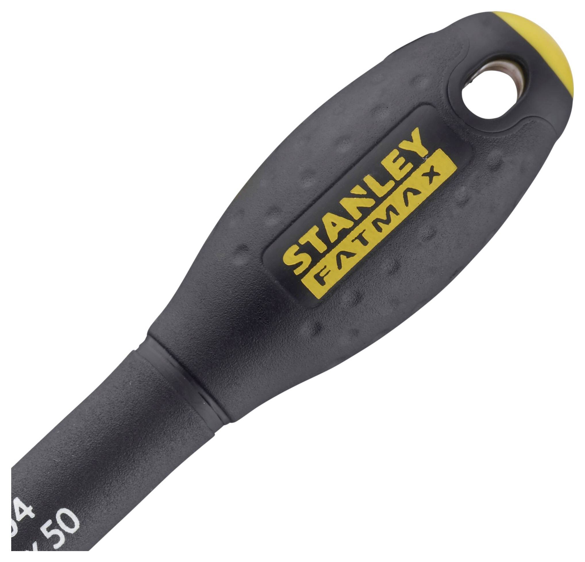 Zwarte handgreep van een gereedschap met 'Stanley Fatmax'-logo.