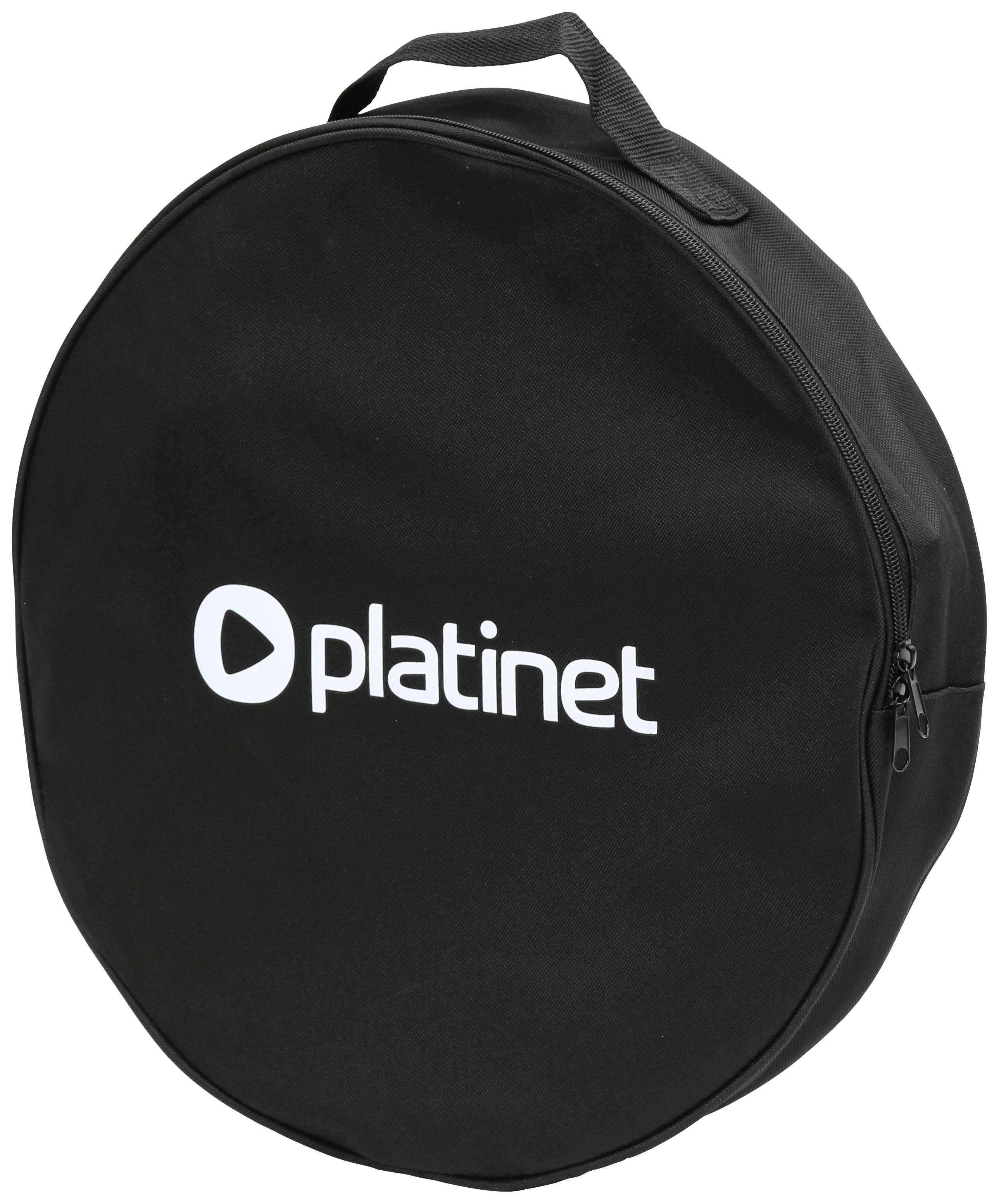 Zwarte ronde tas met rits en handvat, 'platinet' in het wit bedrukt op de voorkant.