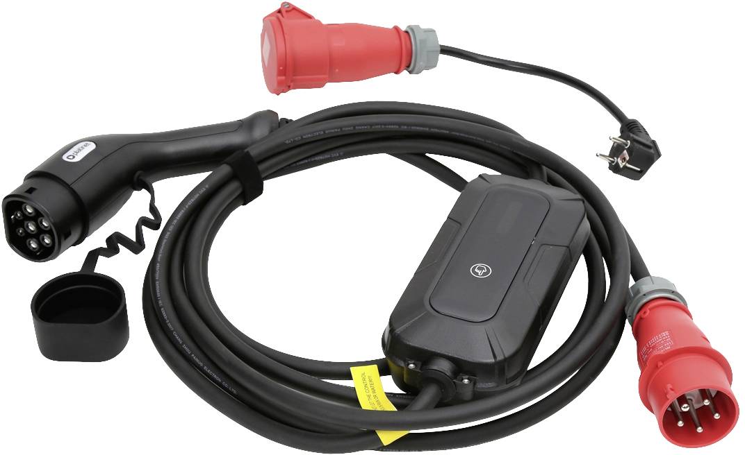 Laadkabel voor elektrische voertuigen met Type 2-stekker, controlebehuizing en rode stekker voor stroomvoorziening.