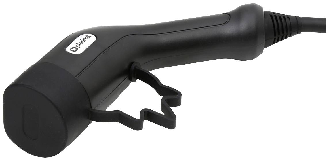 Een zwarte handscanner met kabel en ergonomische handgreep. Aan de zijkant bevindt zich een sticker met een logo.