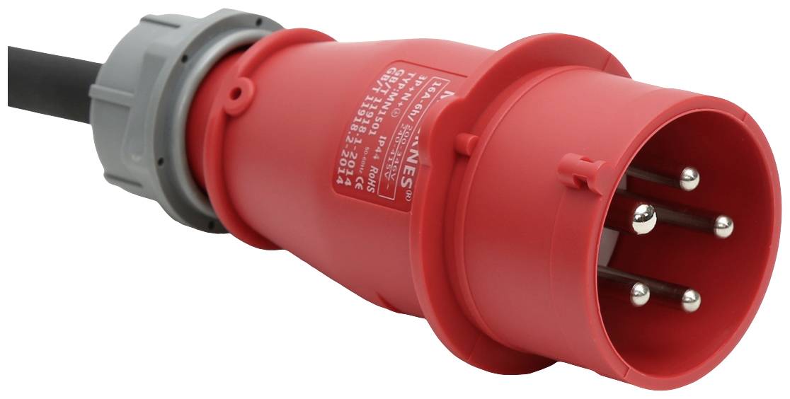 Rode driepolige industriestekker met grijze kabelaansluiting, gebruikt voor zware elektrische apparatuur in industriële omgevingen.