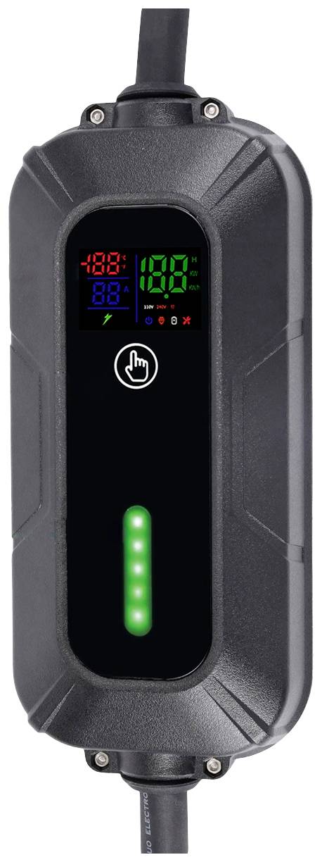Oplader met digitaal display, toont laadgegevens. Zwarte behuizing met een touchknop, LED-lampjes onderaan.
