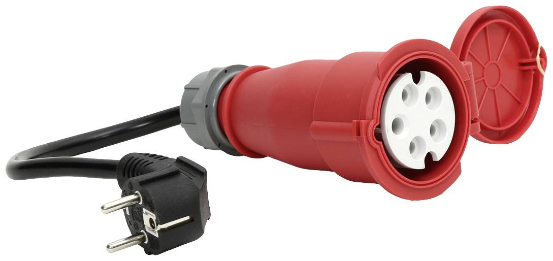 Een rood stroomadapterkabel met een ronde stekker aan de ene kant en een driepins standaardstekker aan de andere kant.
