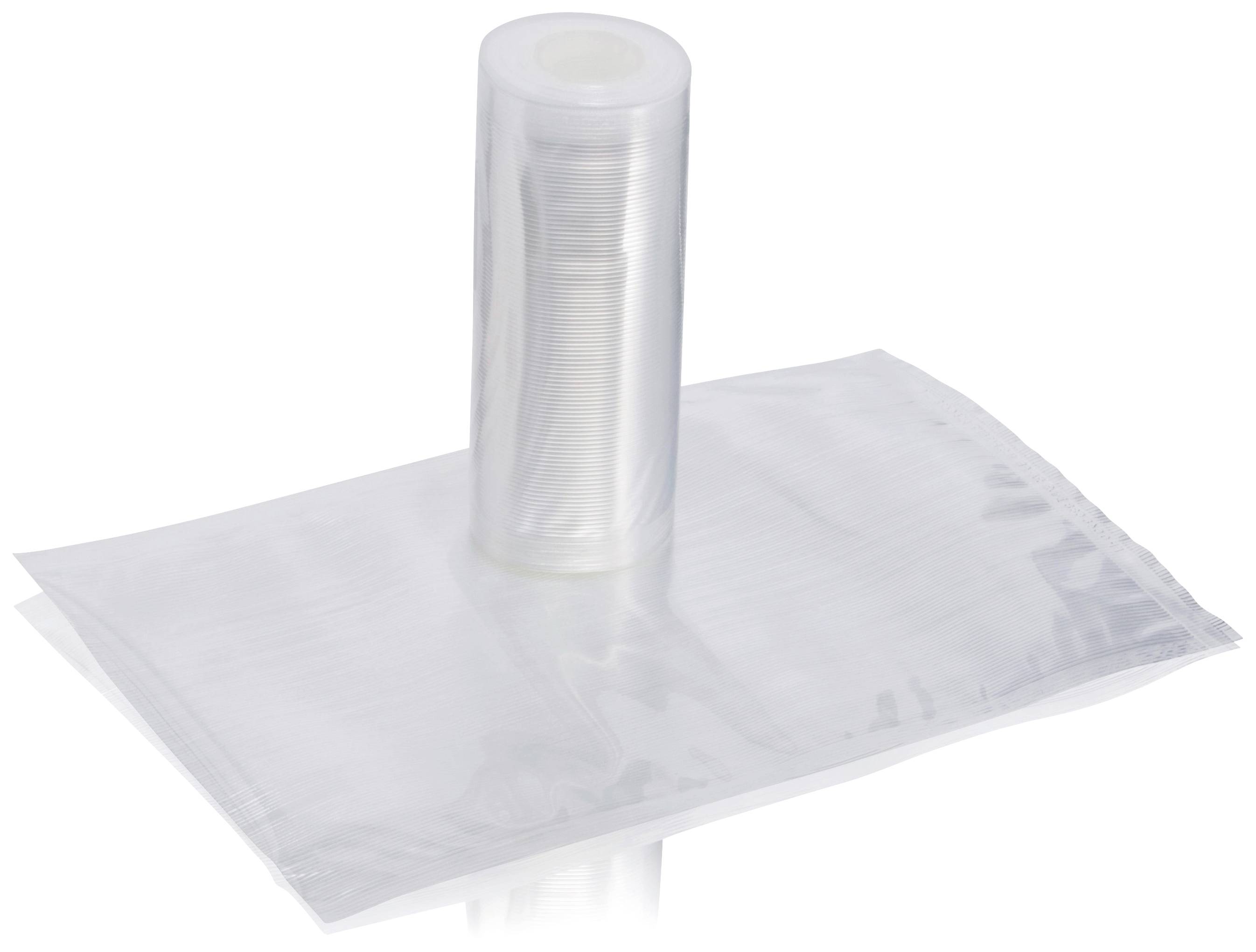 Een rol transparante plastic folie ligt op een gladde, rechthoekige plastic verpakking.