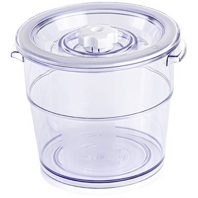 Transparante, ronde container met deksel en handvatten, volledig gemaakt van plastic, geschikt voor luchtdichte opslag van vloeistoffen.
