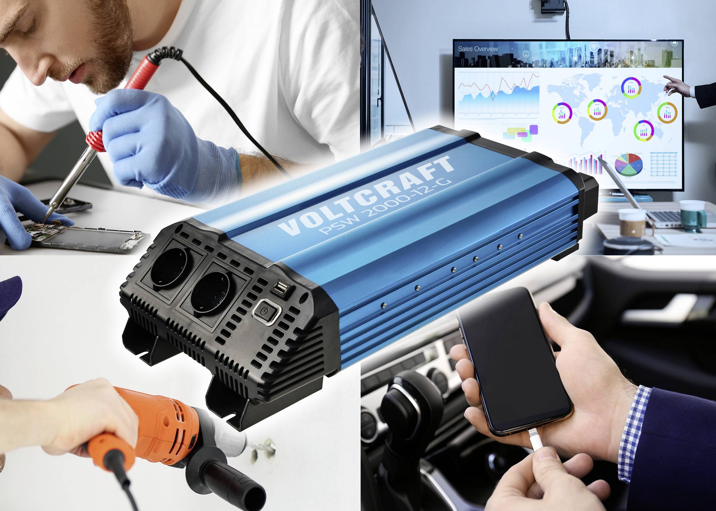 Voltrcraft PSW-2000-12C stroominverter weergegeven als een productcollage, gebruikt in elektronicareparatie en toepassingen voor mobiele apparaatlading/aandrijfvermogen.
