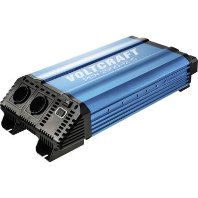 Blauwe Voltcraft PSW 2000-12-C stroomomvormer met dubbele AC-stopcontacten en aan-uit-schakelaar