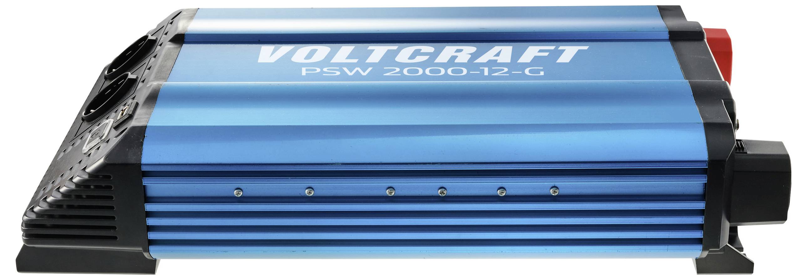 Blauwe Voltcraft PSW 2000-12-G stroominverter met zwarte montagenoppen en koelribben, weergegeven in zijdelingse weergave.