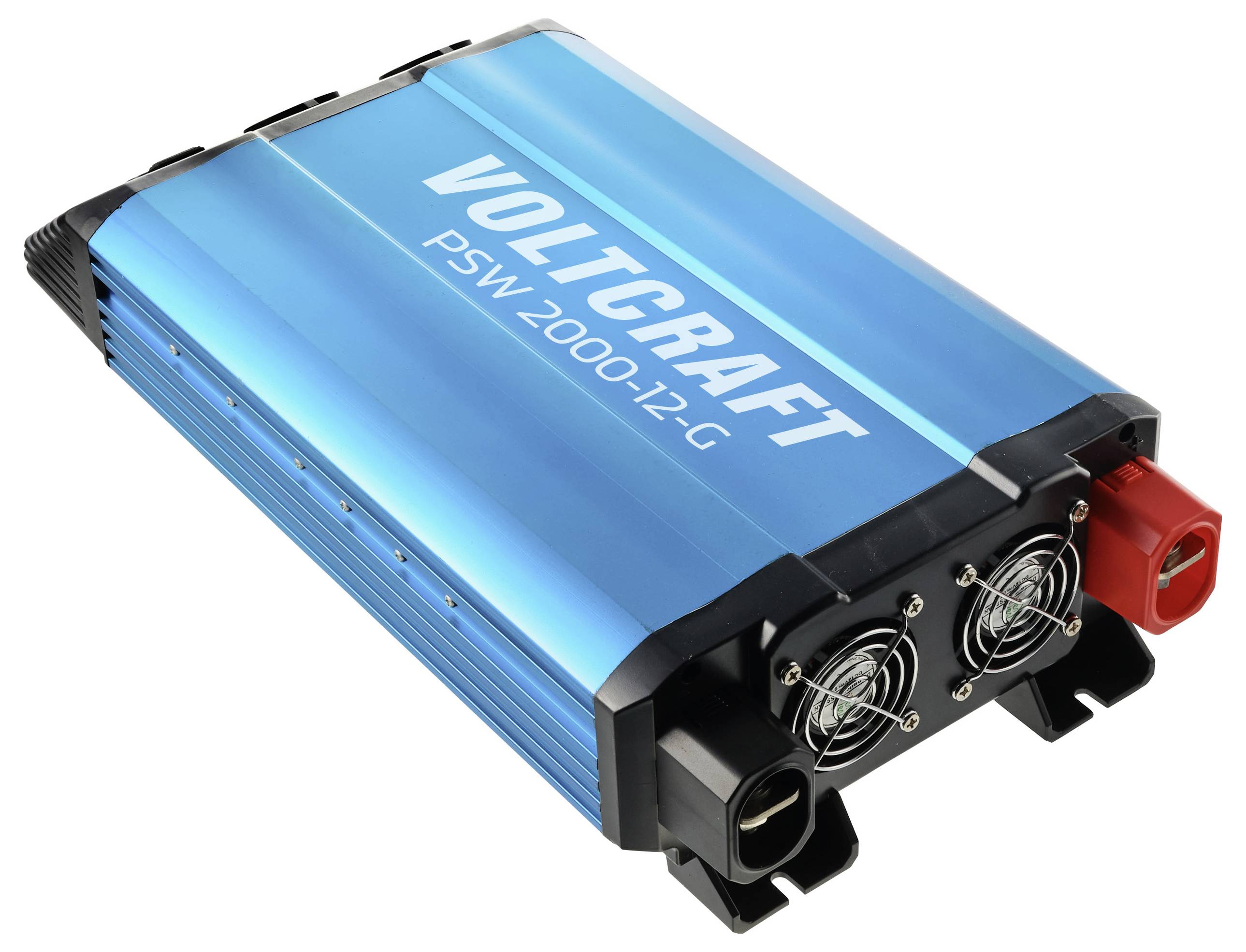 Een blauwe spanningsomvormer met het opschrift 'Voltcraft PSW 2000-12-G'. Twee ventilatoren en rode en zwarte aansluitbussen zijn zichtbaar.