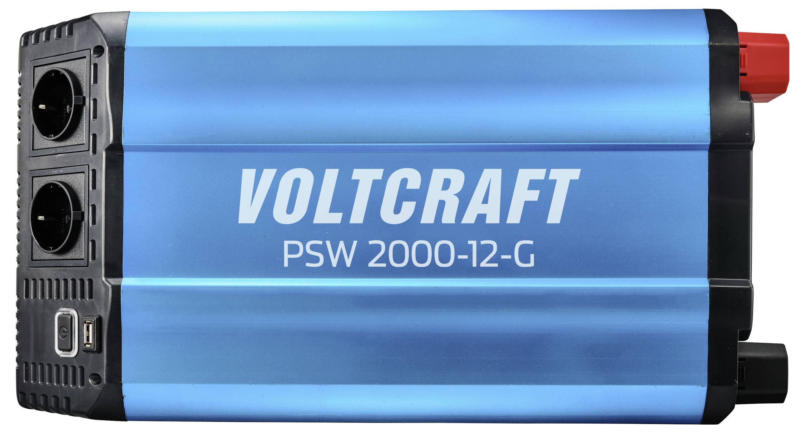 Blauwe VOLTCRAFT PSW 2000-12-G stroomomvormer met dubbele AC-stopcontacten en rode/zwarte accuklemmen