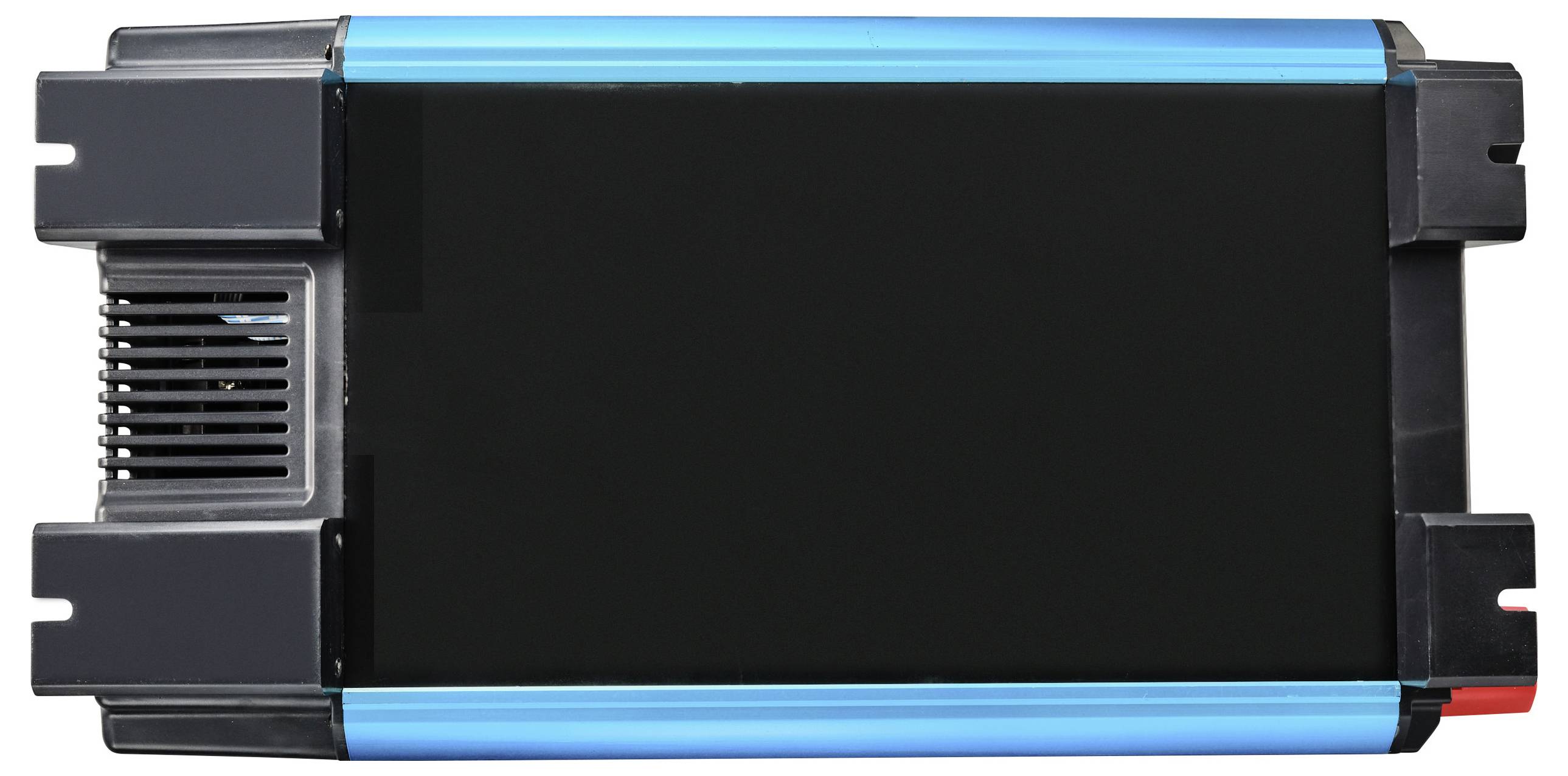 Een rechthoekig elektronisch apparaat met een zwart middendeel en blauwe randen, vermoedelijk een omvormer of spanningsconverter.