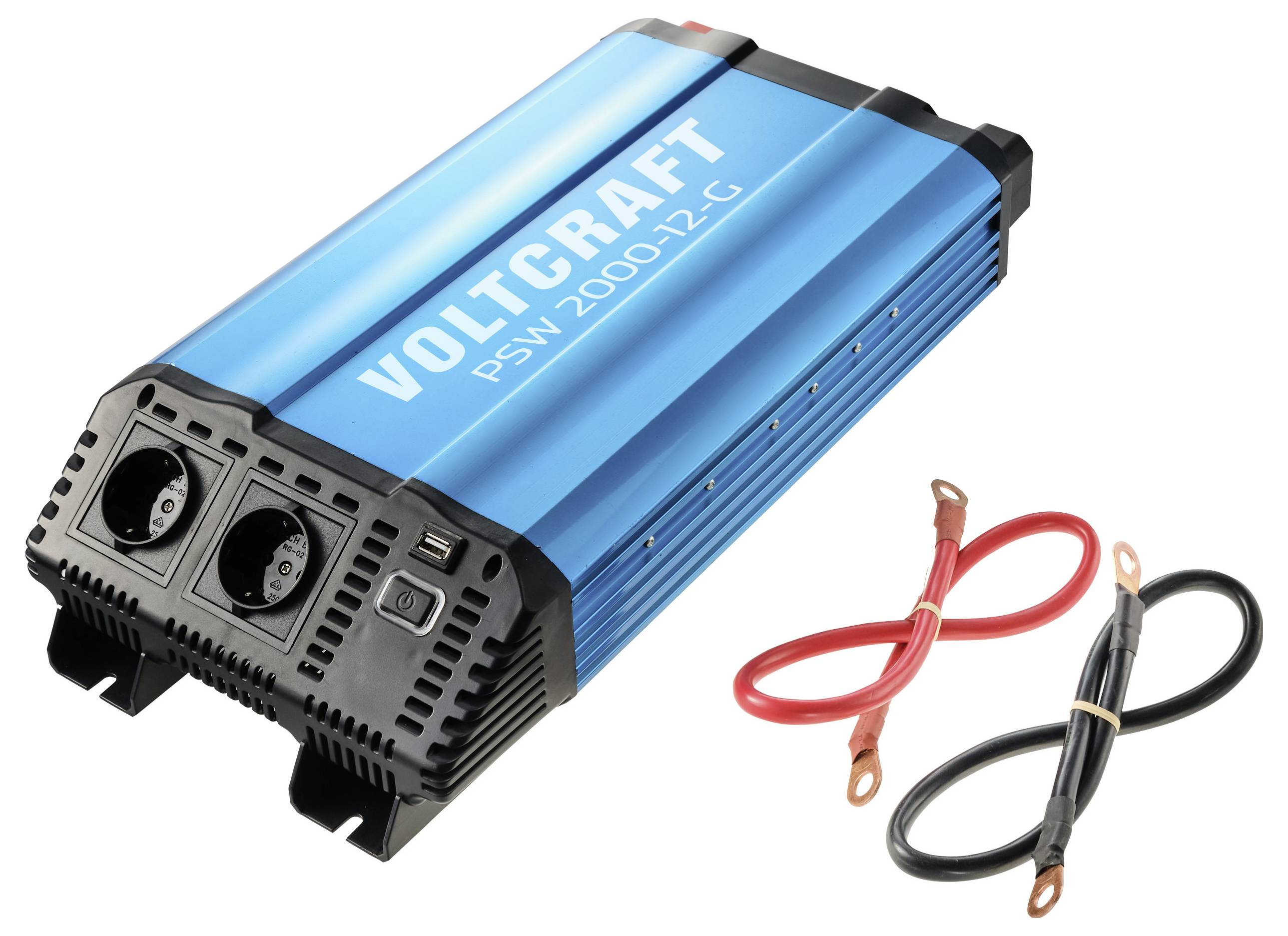 Blauwe VOLTCRAFT PSW 2000-12-C stroomomvormer met twee kabels op een witte achtergrond.