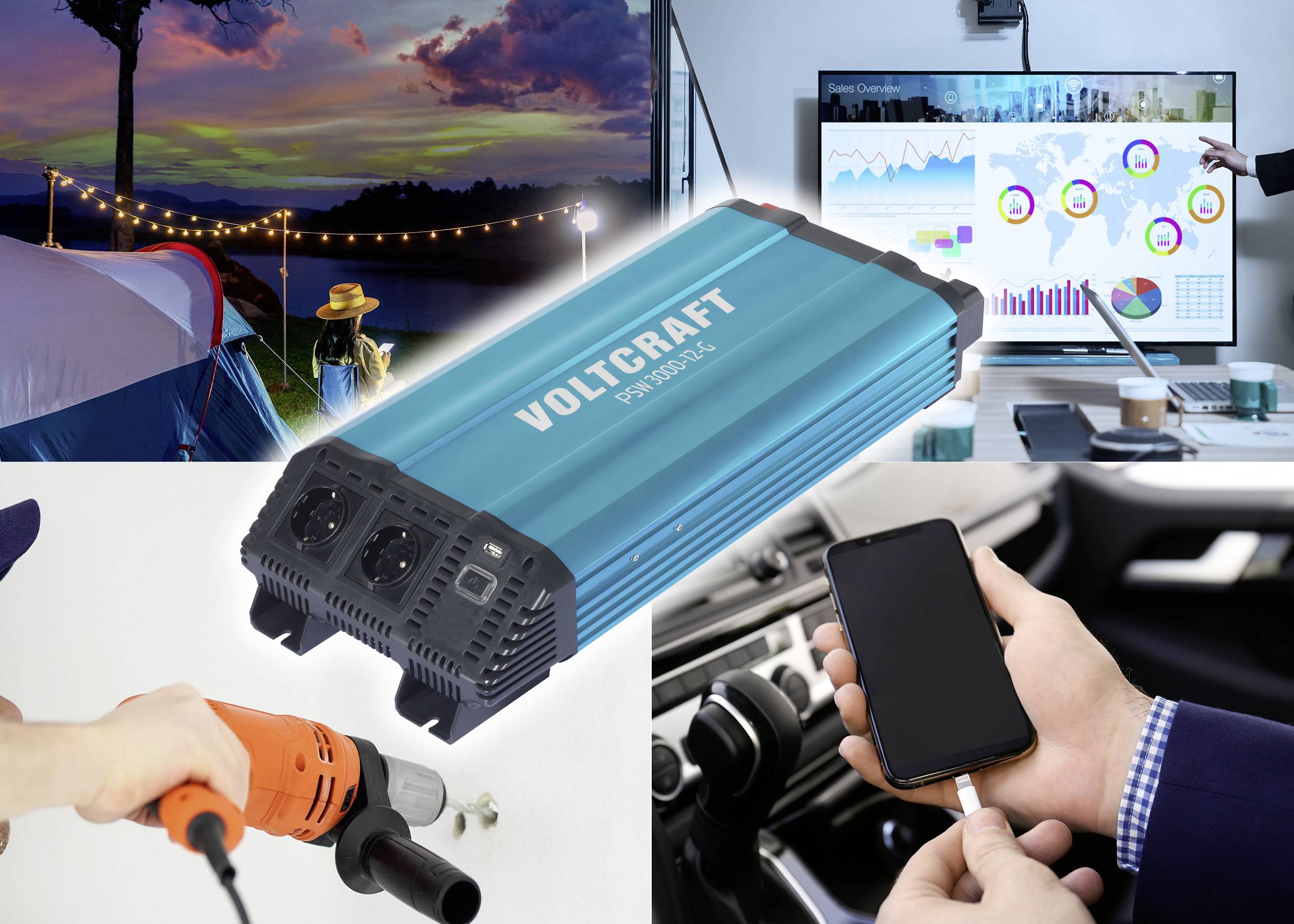 Draagbare VOLTCRAFT stroomomvormer in het midden van een collage met offgrid camping, gegevenscontrole, het boren van een muur en het opladen van een smartphone in een auto.
