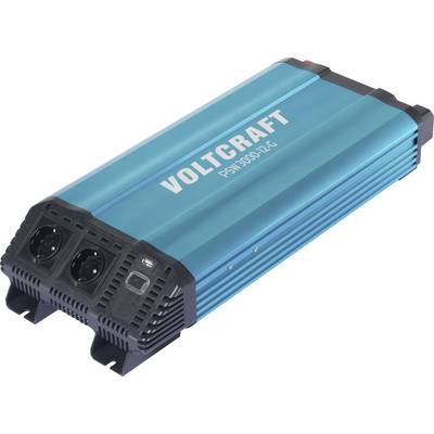 Blauwe Voltcraft stroomomvormer met dubbele AC-uitgangen en USB-poort, gelabeld 'PSW 3000-12'.