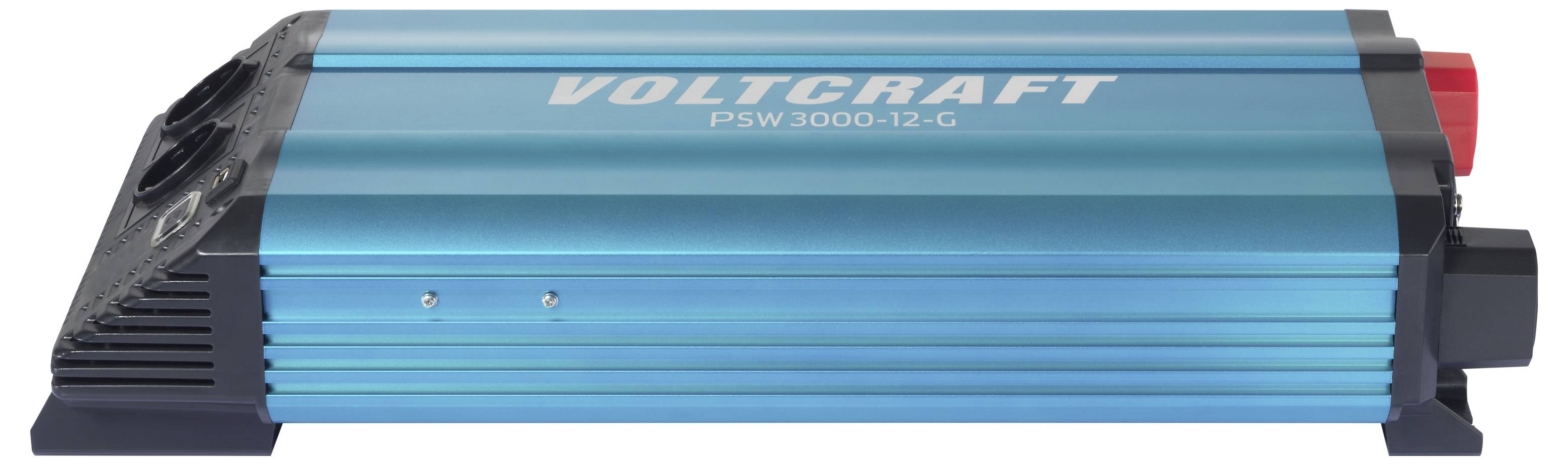 Een blauwe VOLTCRAFT PSW 3000-12-G stroomomvormer weergegeven in zijaanzicht, met zwarte montageëinden en een rode connectorkap.