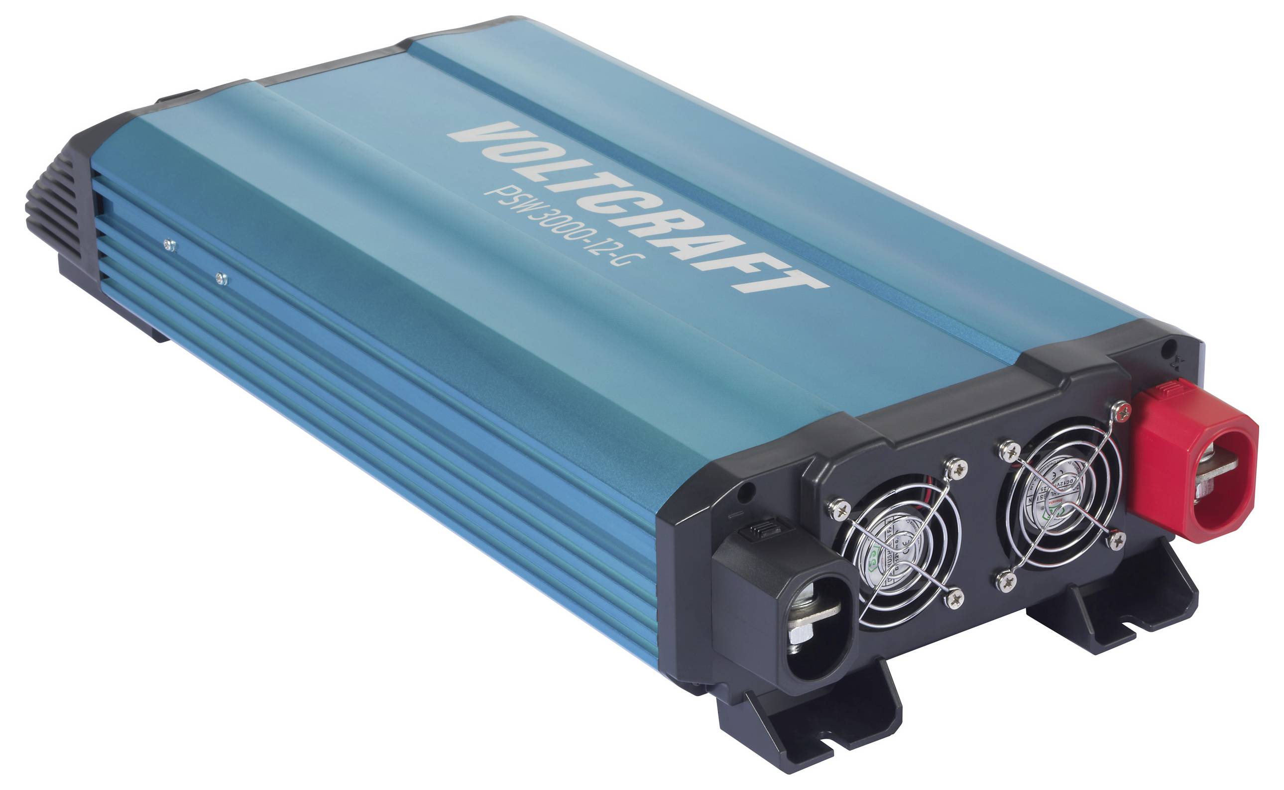 Voltcraft spanningsomvormer in een blaue behuizing met twee ventilatoren en aansluitklemmen aan één zijde, speciaal ontworpen voor gebruik in voertuigen.
