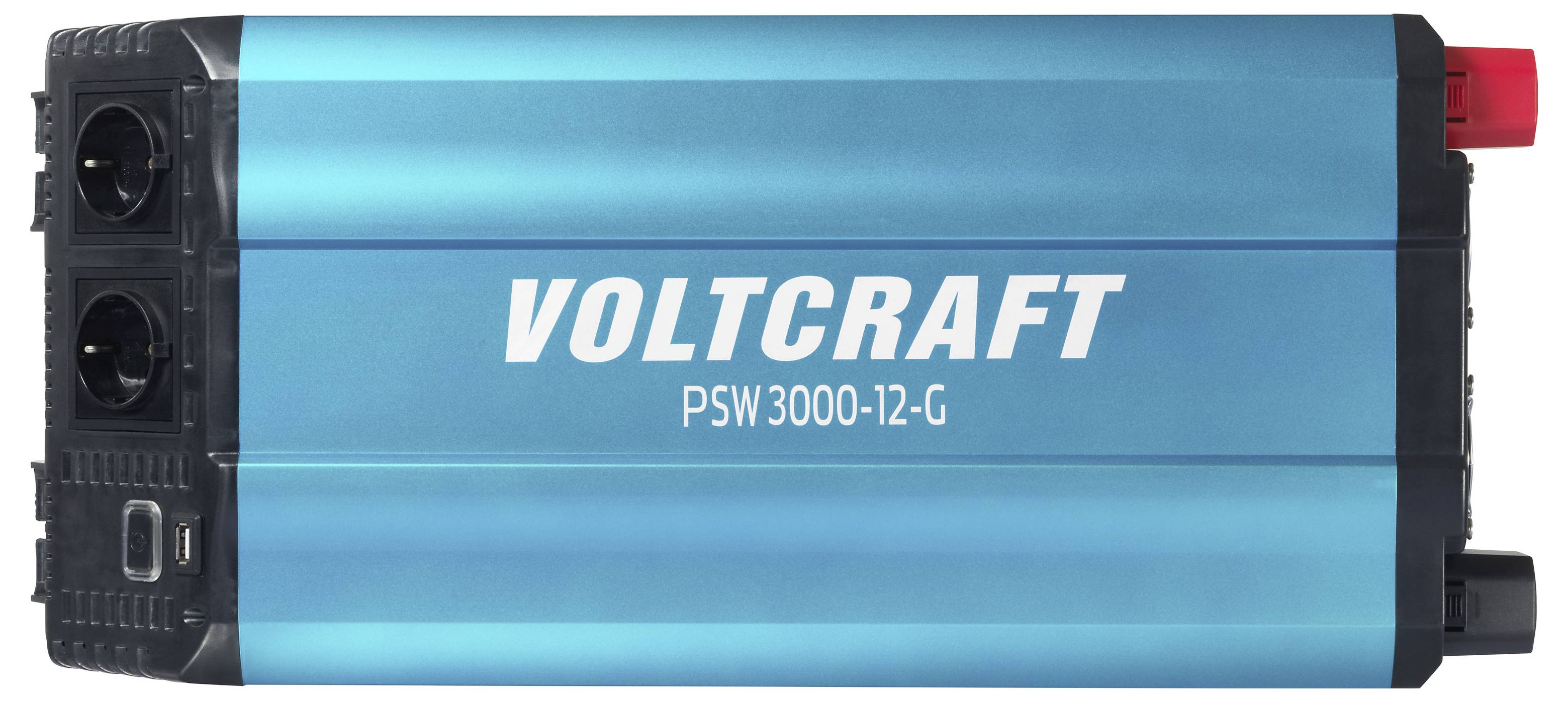 Blauwe Voltcraft PSW 3000-12-G stroomomvormer met zwart voorpaneel en rood/zwarte aansluitklemmen, afgebeeld op een witte achtergrond.