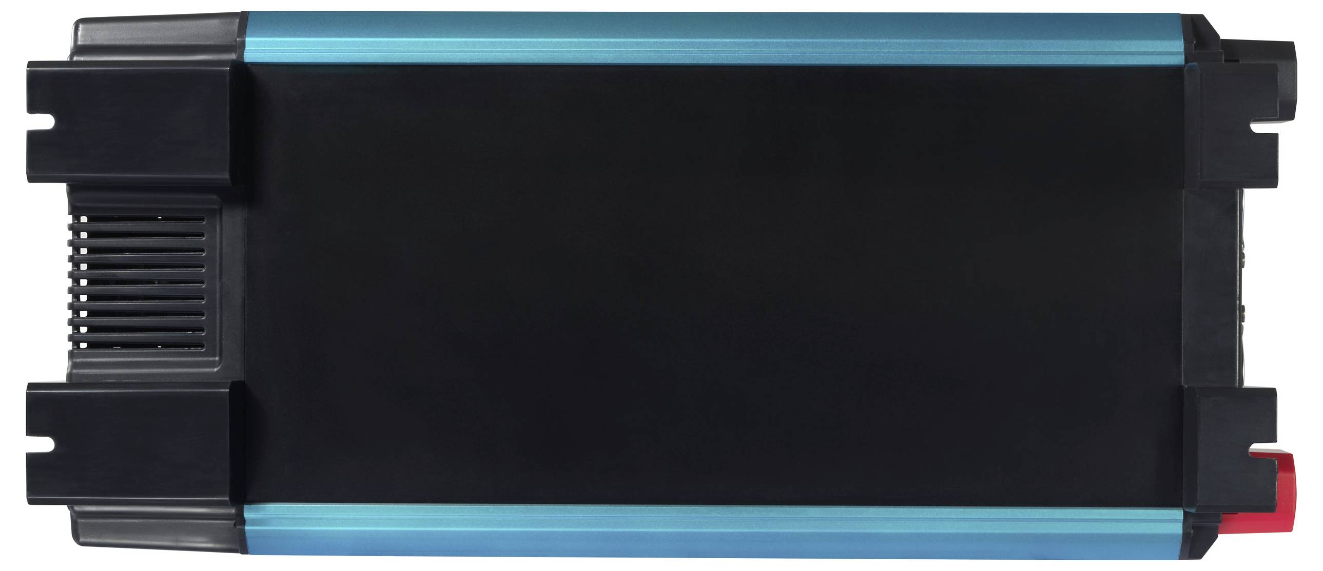 Zwart rechthoekig apparaat met blauwe randen, vermoedelijk een technische module of omvormer, op een witte achtergrond.