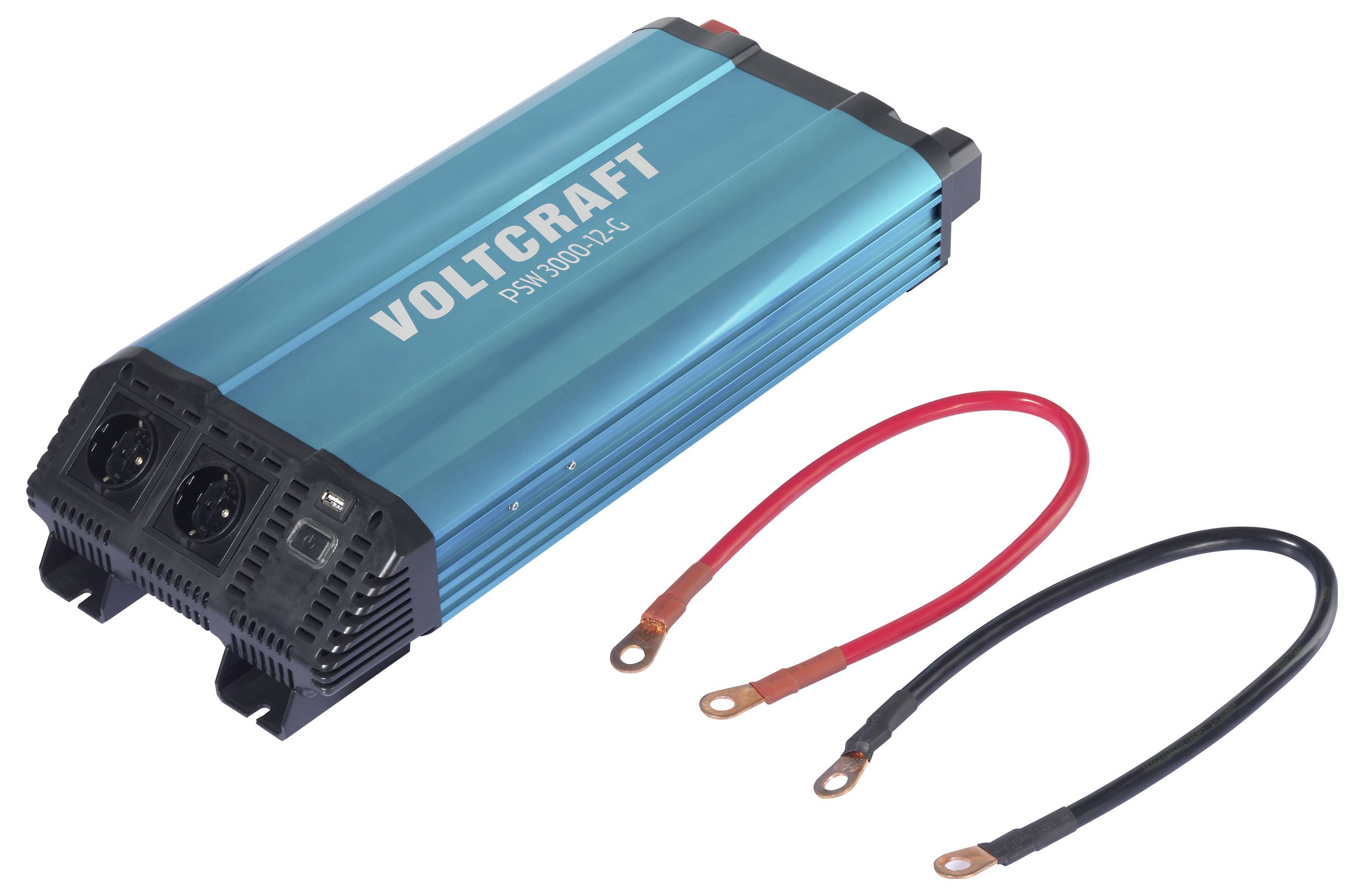 Blauwe VOLTCRAFT stroomomvormer met rode en zwarte batterijkabels op een witte achtergrond.