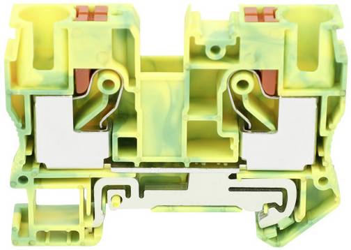 Doorsnede van een gele, groene en rode kabelaansluiting met metalen contacten, weergegeven ter verduidelijking van de interne structuur.